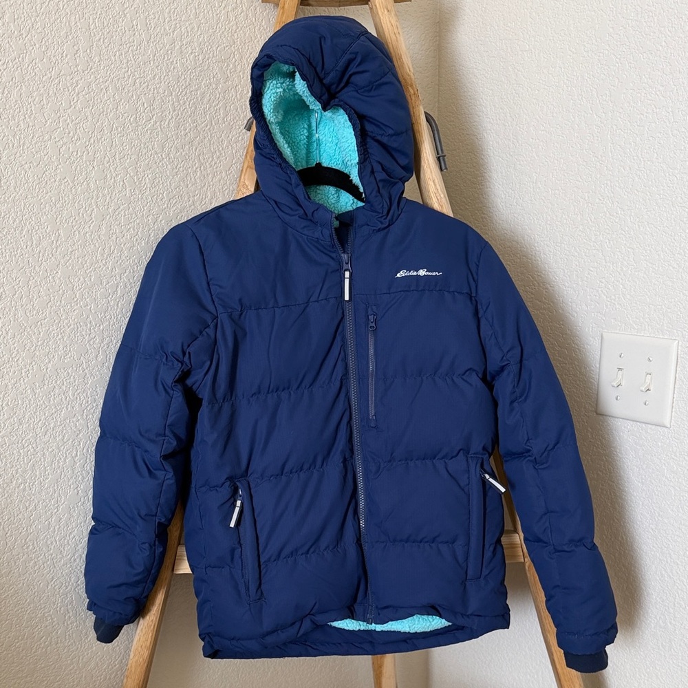 Eddie Bauer Navy Puffer Jacket with Aqua Sherpa Hood Lining